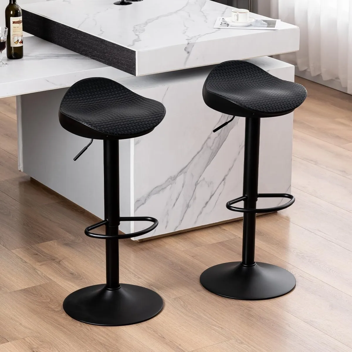 Black Bar Stools Set of 2 PU Leather Woven Seat - Image 4