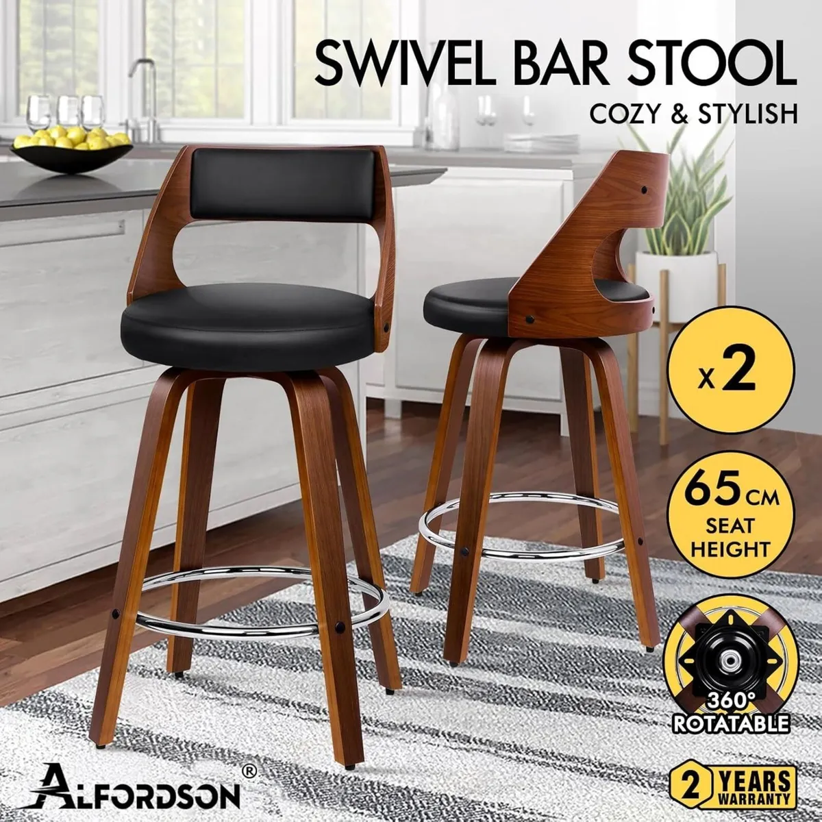 Bar Stools Set of 2 Thick Padded Barstools PU - Image 3