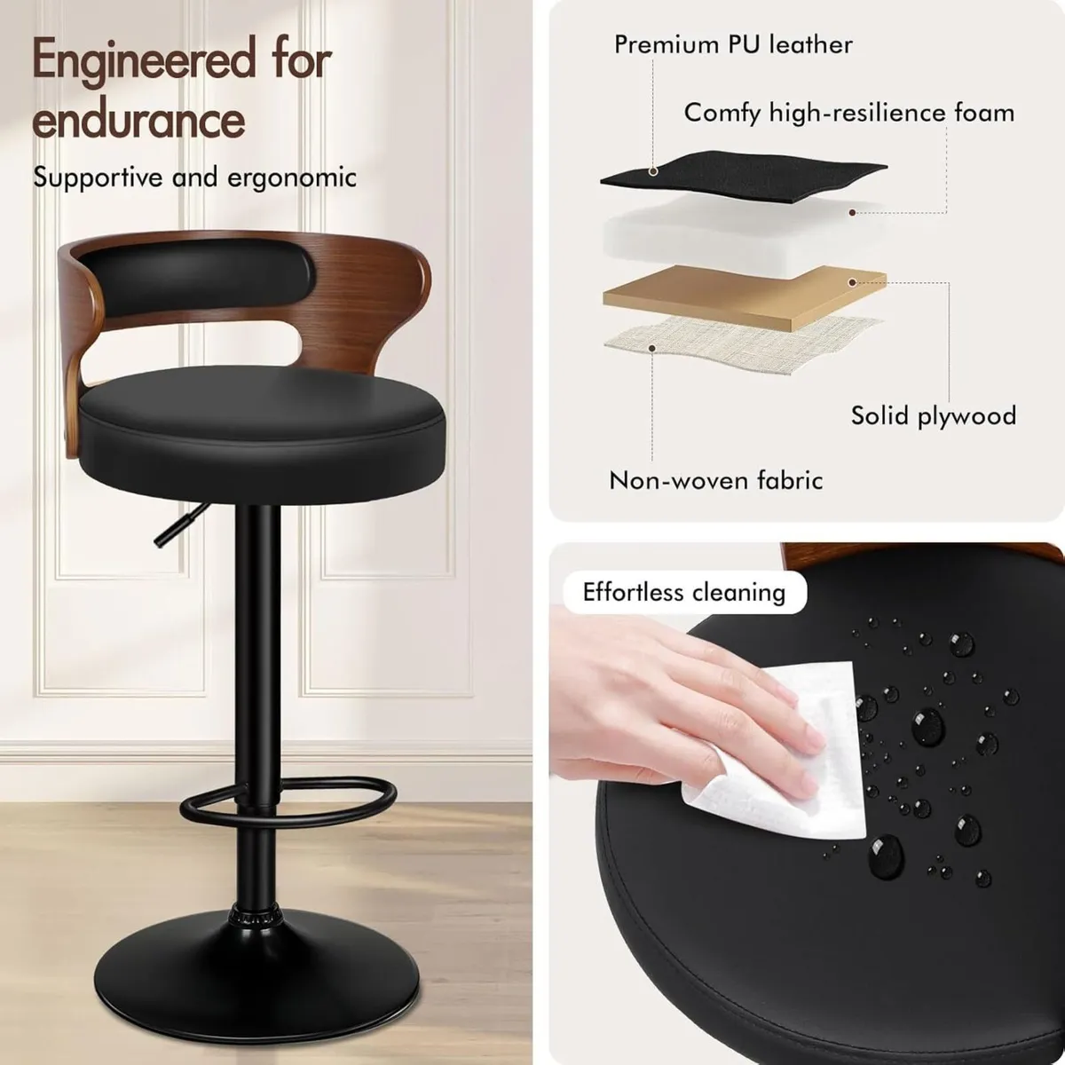 Bar Stools Set of 2 Comfy Barstools PU Leather - Image 4