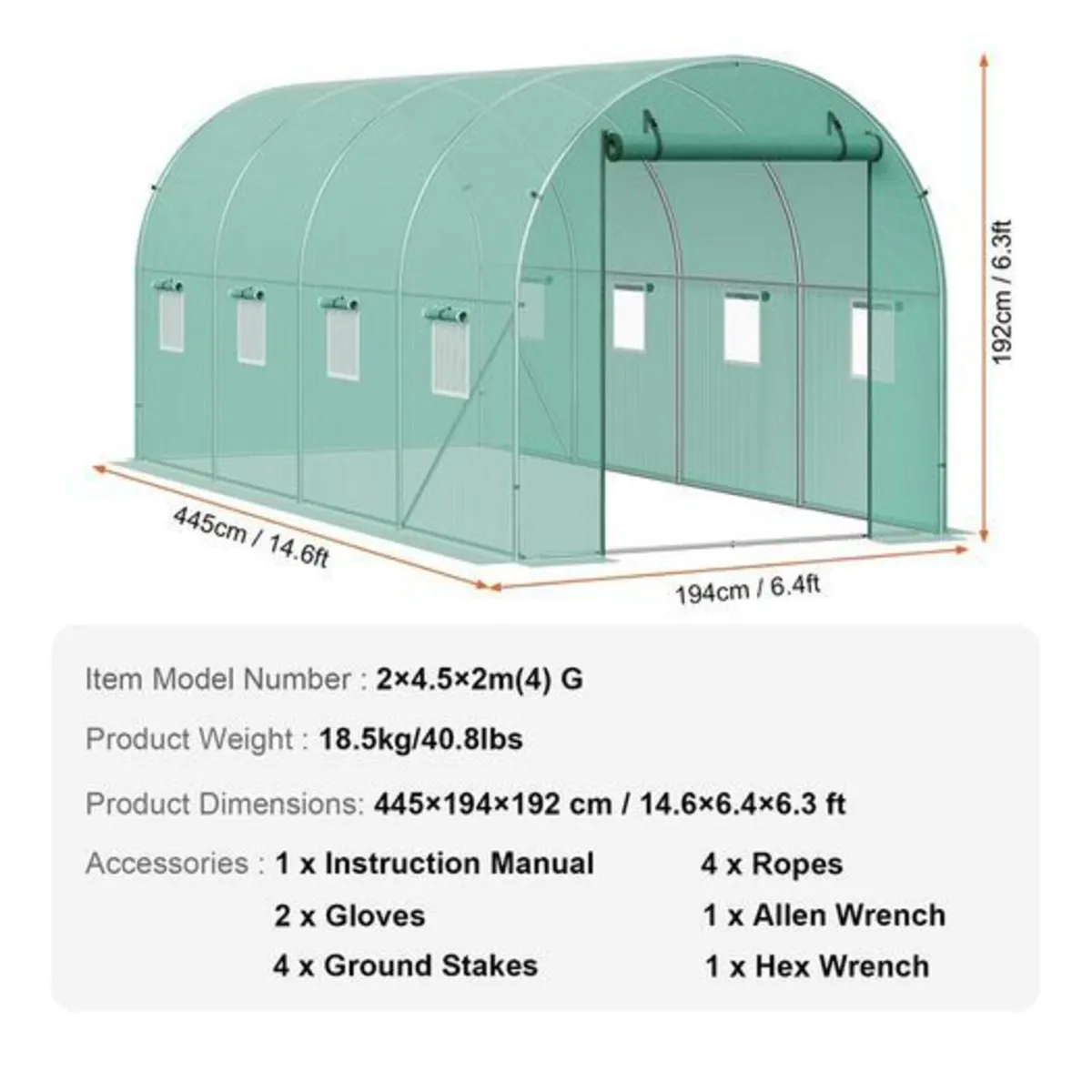 Walk-In Polytunnel Greenhouse 14.6ft x 6.4ft x 6.3 - Image 2