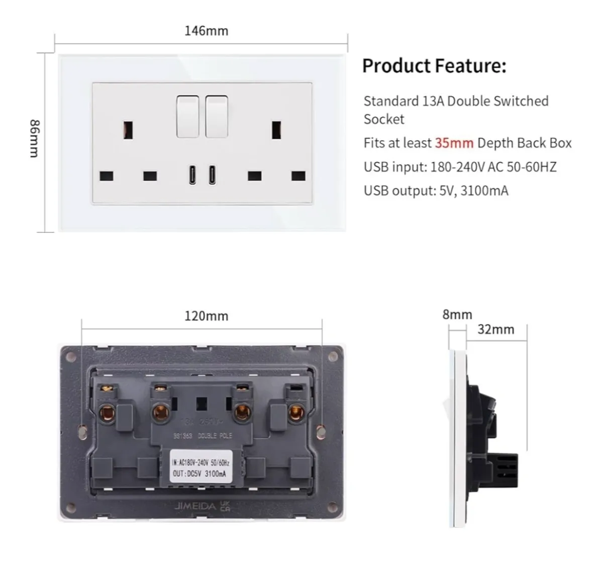 5 pk double switched socket with type C USB - Image 4