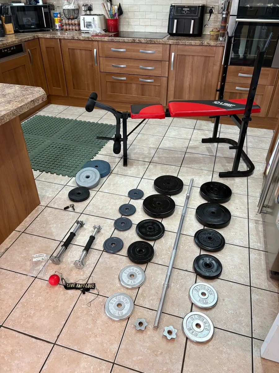 WEIGHT BENCH  + LEG, WEIGHTS, BARS, MATS ETC!! - Image 1