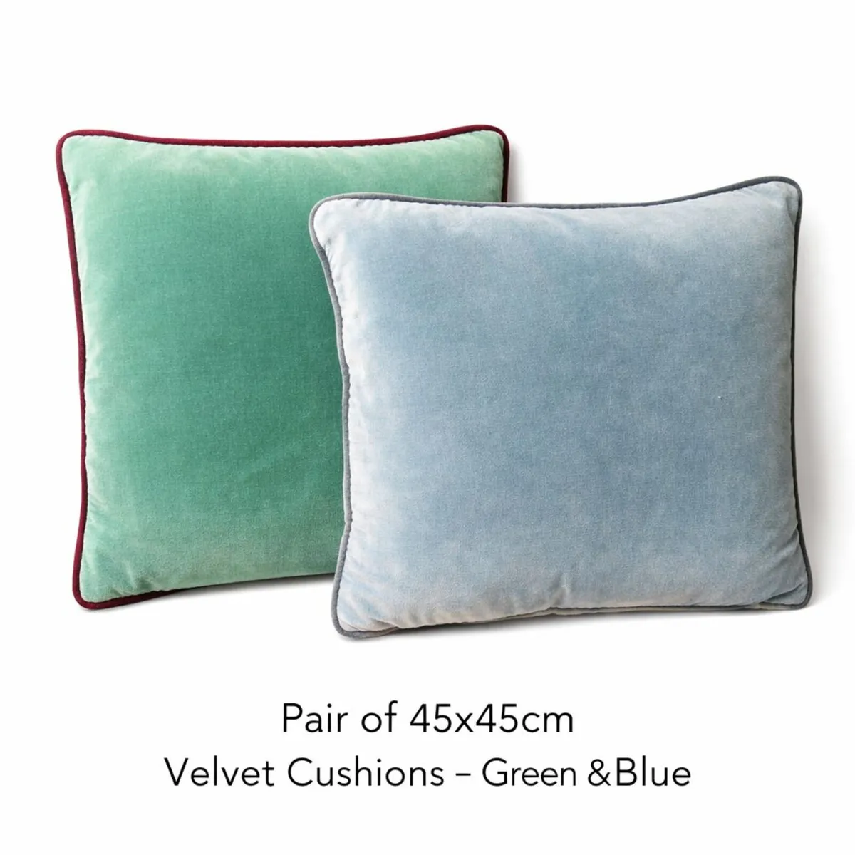 Pair of Velvet Cushions 45x45cm  Green & Grey Blue - Image 2