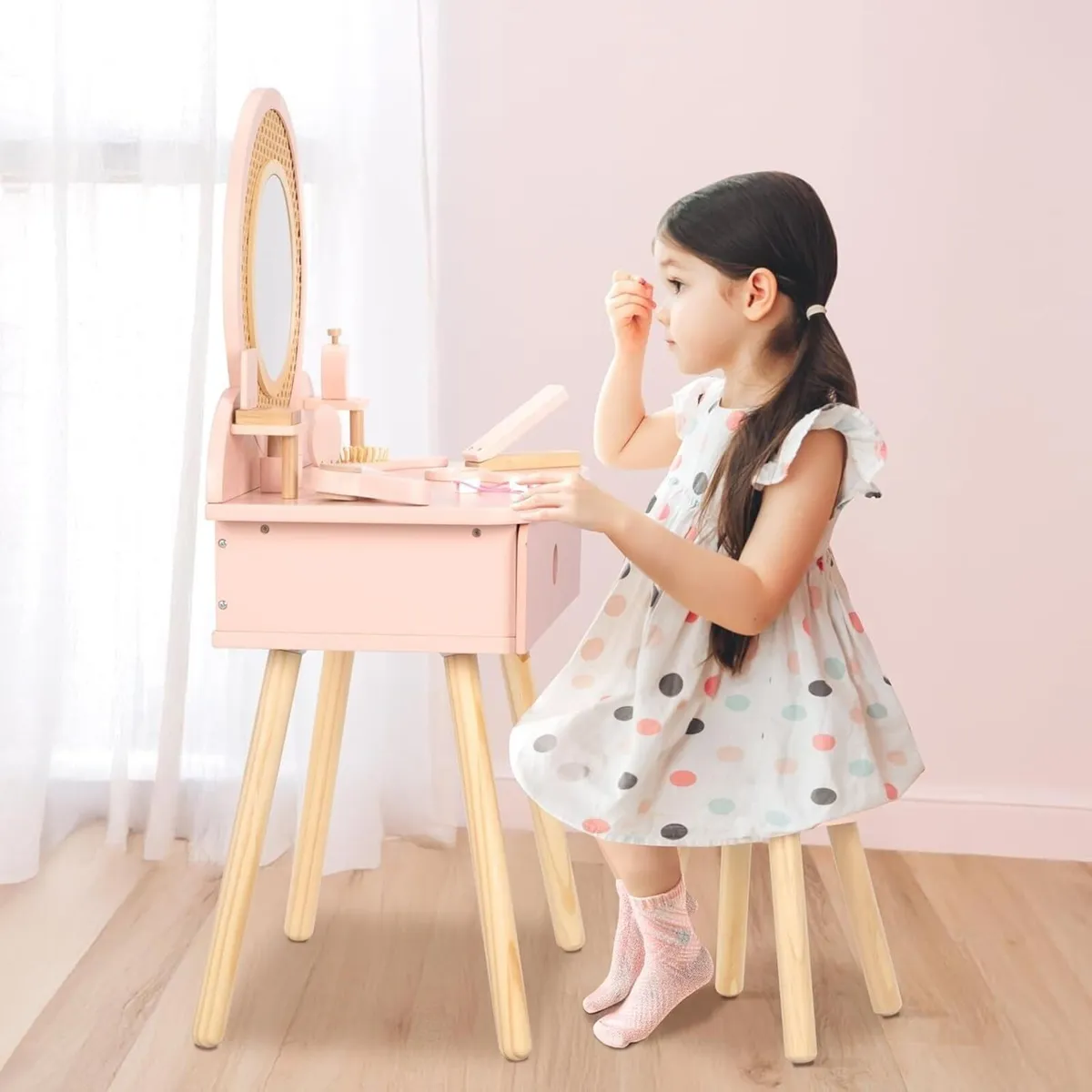 Kids Dressing Table Pink Vanity and Chair with 11 - Image 2