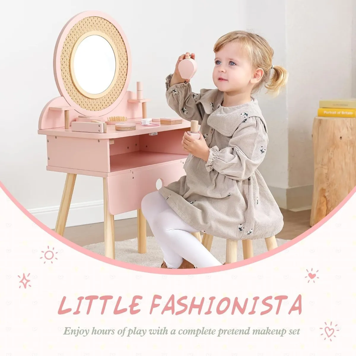 Kids Dressing Table Pink Vanity and Chair with 11 - Image 4