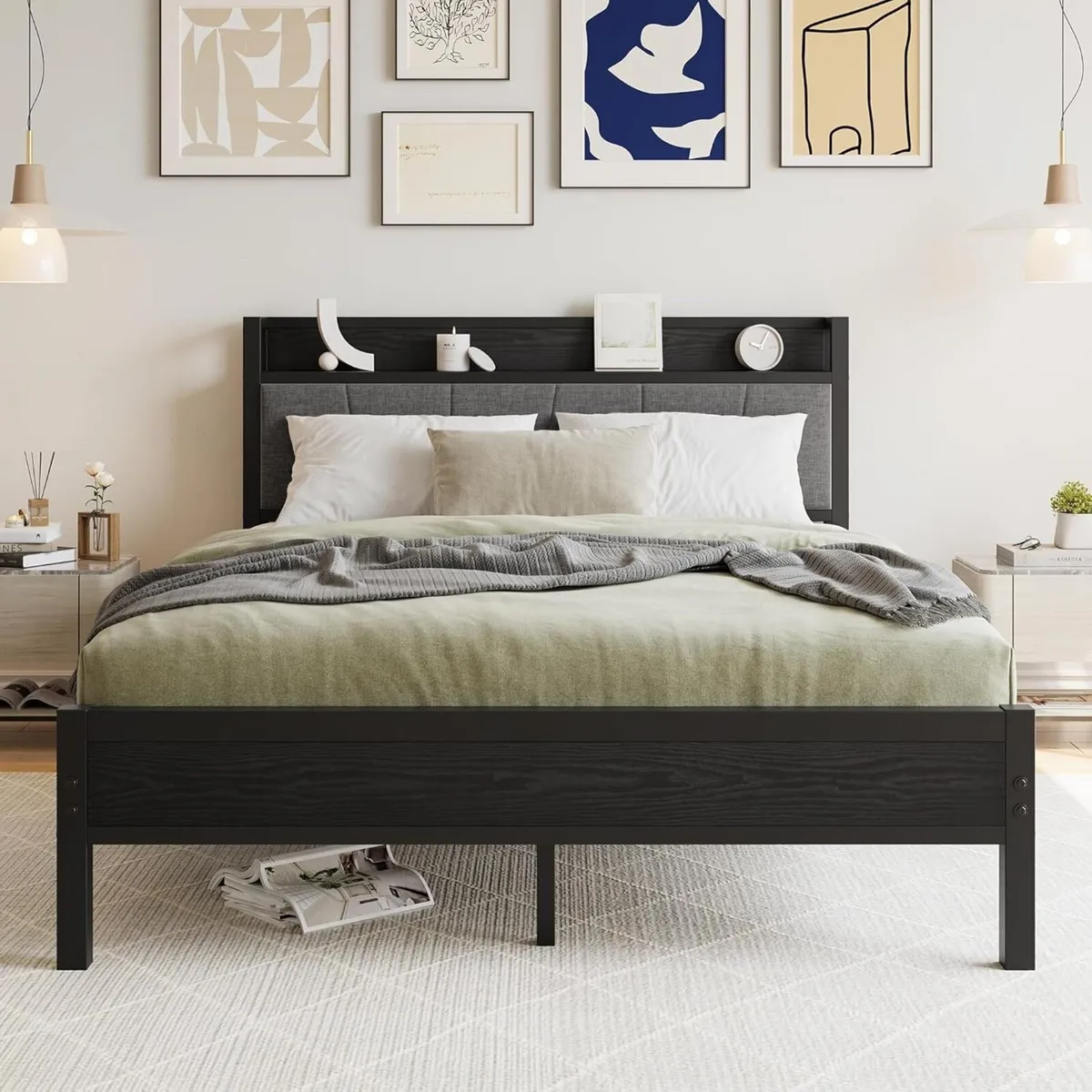 King Size Bed Frame with Storage Wooden Headboard - Image 1