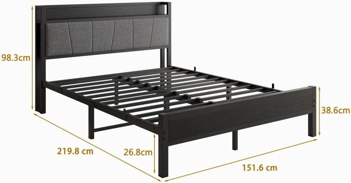 King Size Bed Frame with Storage Wooden Headboard - Image 2