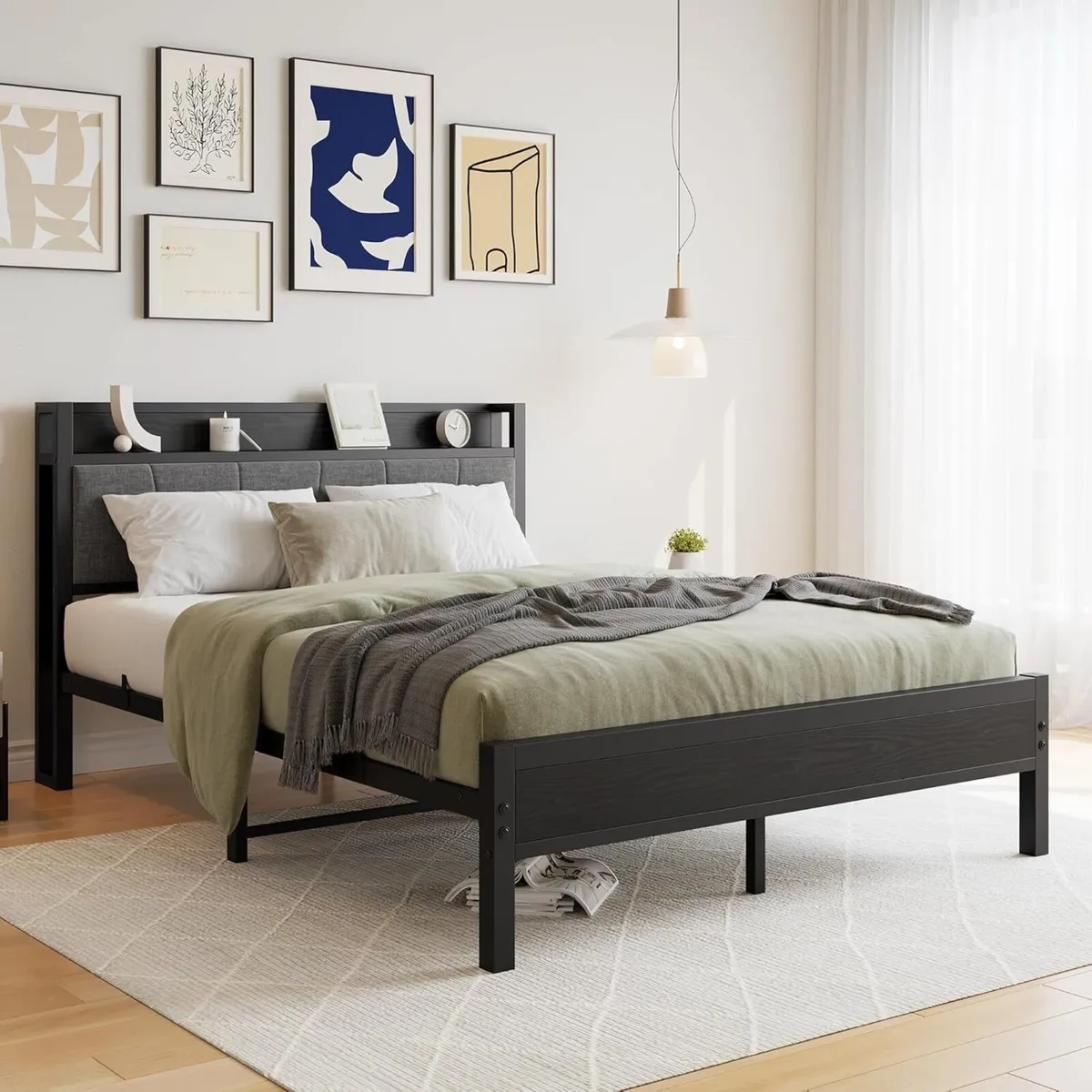 King Size Bed Frame with Storage Wooden Headboard - Image 3