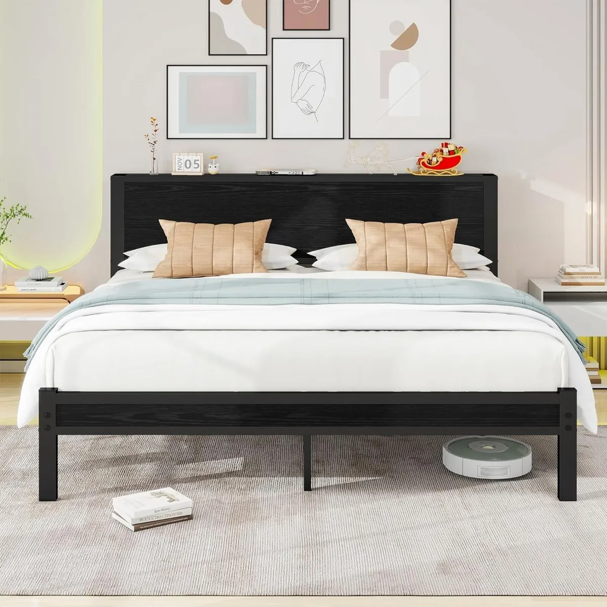 King Size Bed Frame Metal Platform with Wood - Image 1