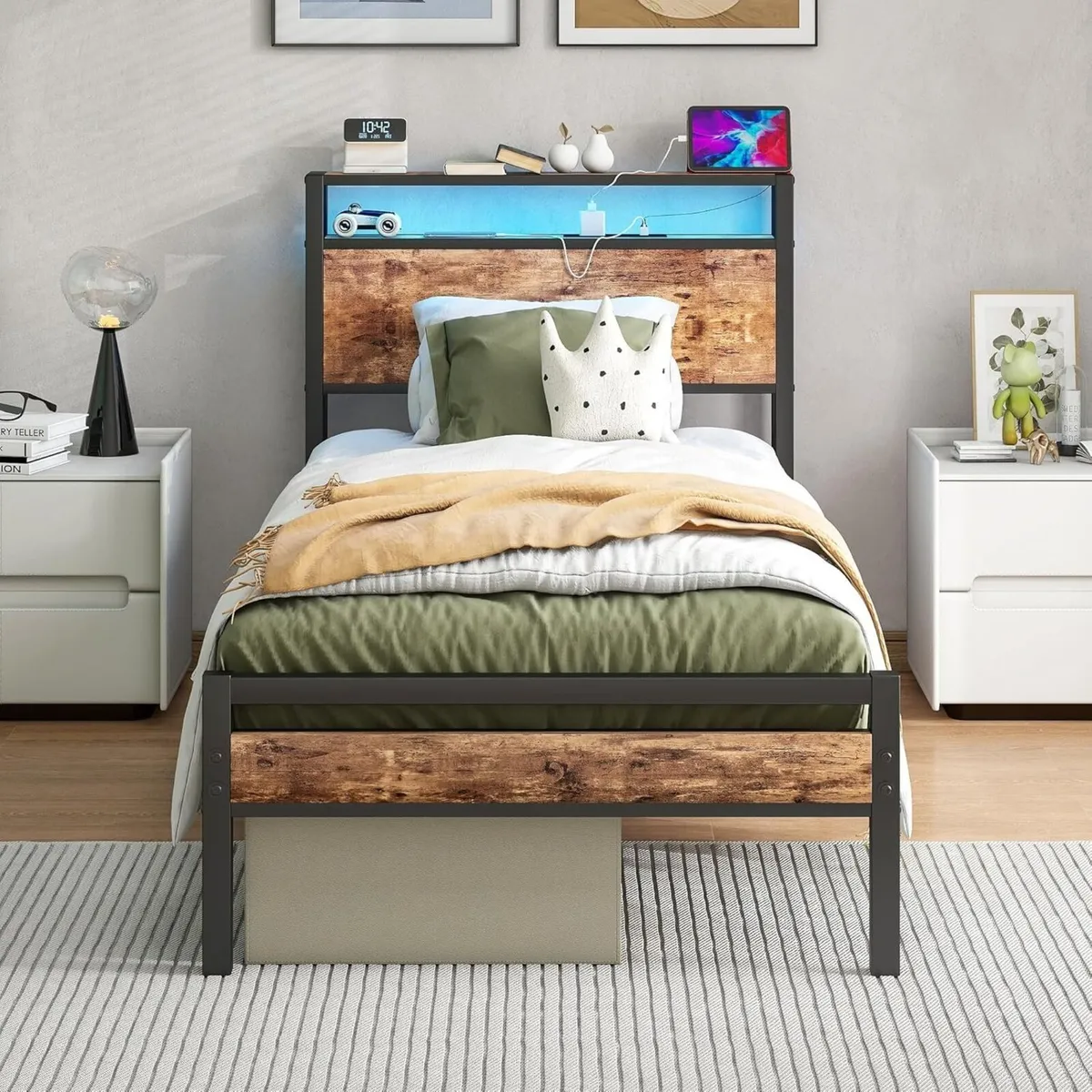 Single Bed Frame with Storage Shelf Headboard LED - Image 1