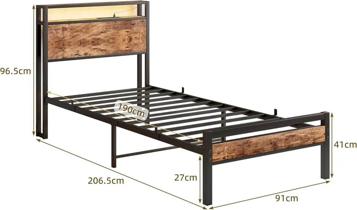 Single Bed Frame with Storage Shelf Headboard LED - Image 2