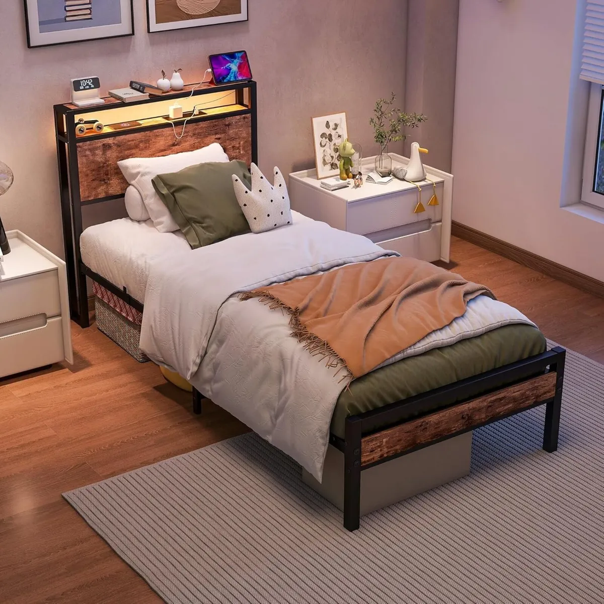 Single Bed Frame with Storage Shelf Headboard LED - Image 3