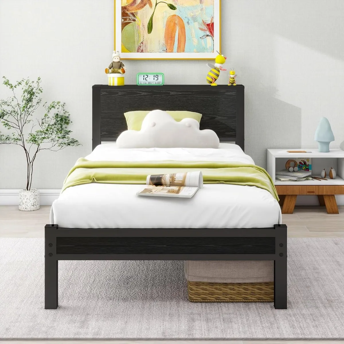Single Bed Frame with Wooden Storage Shelf - Image 1