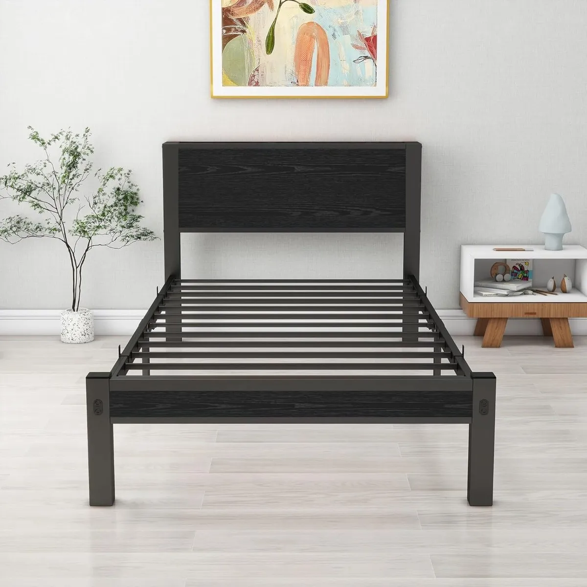 Single Bed Frame with Wooden Storage Shelf - Image 4