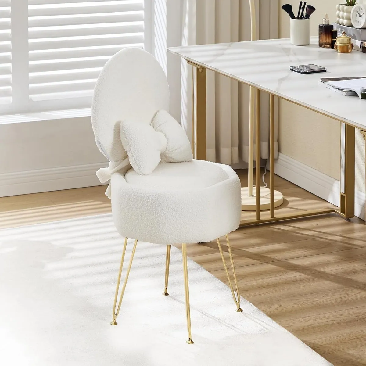 White Dressing Table Chair Sherpa Fleece Vanity - Image 3