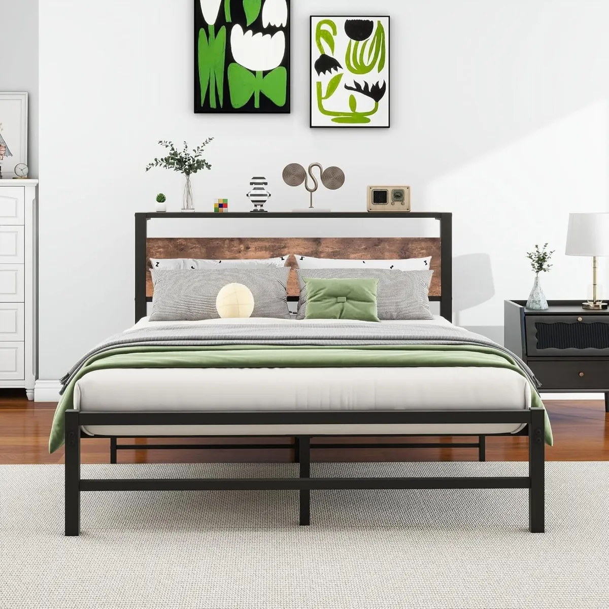 4ft6 Double Metal Platform Bed Frame with Wooden - Image 1