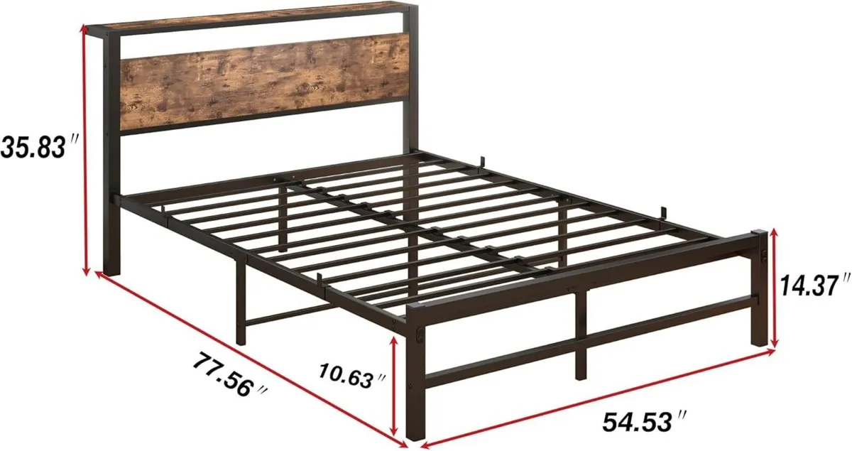 4ft6 Double Metal Platform Bed Frame with Wooden - Image 2