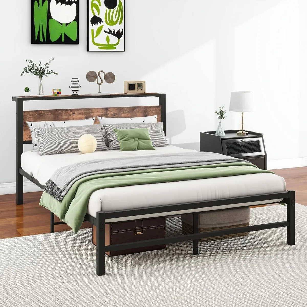 4ft6 Double Metal Platform Bed Frame with Wooden - Image 3