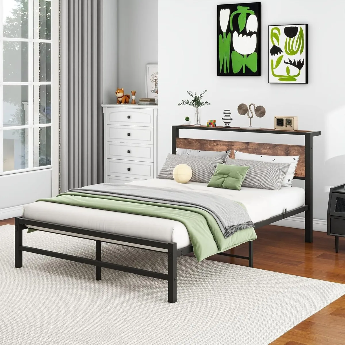 4ft6 Double Metal Platform Bed Frame with Wooden - Image 4