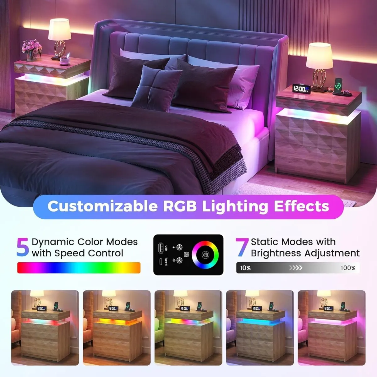 LED Bedside Table with Charging Station 3 Drawers - Image 4