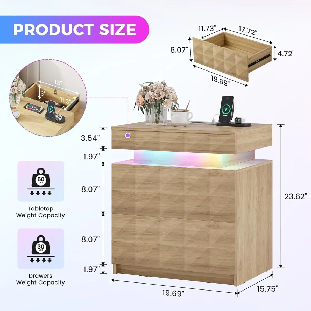 LED Bedside Table with Charging Station 3 Drawers - Image 2