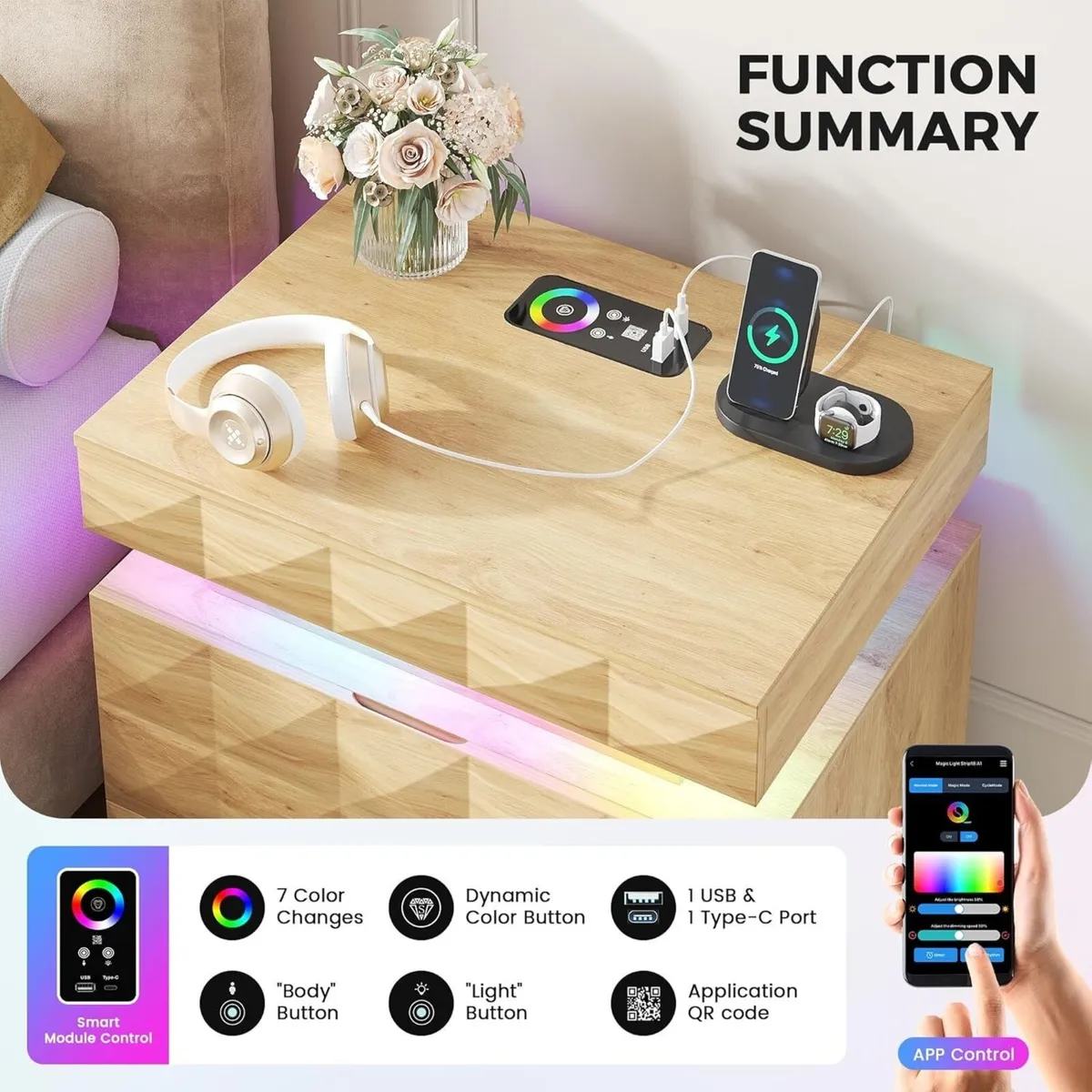 LED Bedside Table with Charging Station 3 Drawers - Image 3