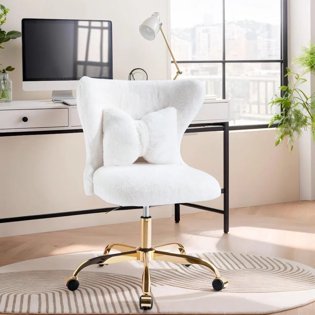 Vanity Chair with Gold Wheels Bow Pillow Fluffy - Image 2