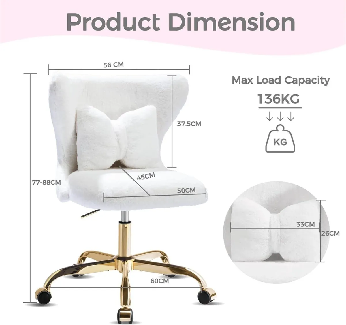 Vanity Chair with Gold Wheels Bow Pillow Fluffy - Image 3