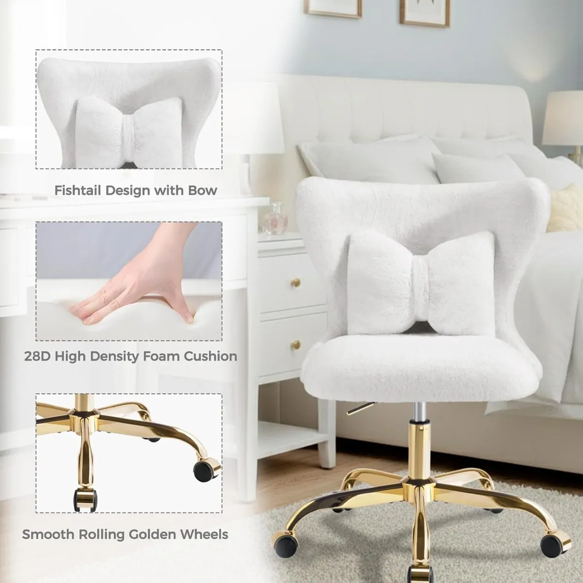 Vanity Chair with Gold Wheels Bow Pillow Fluffy - Image 4