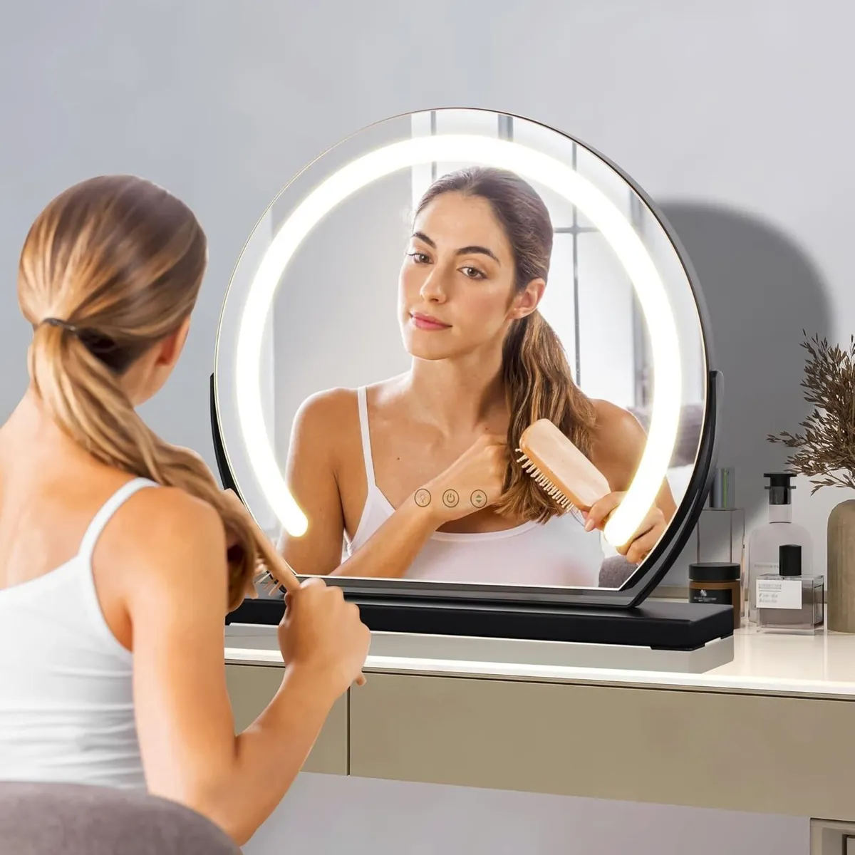 Large Round Dressing Table Mirror Black 15.74 - Image 3