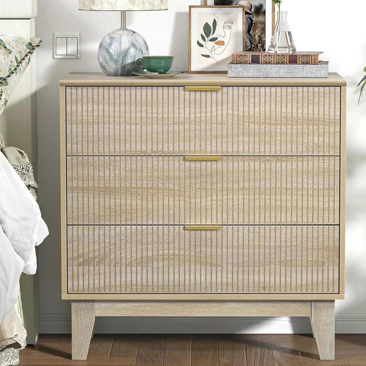 Fluted Bedroom Chest of 3 Drawers Wooden Closet - Image 1