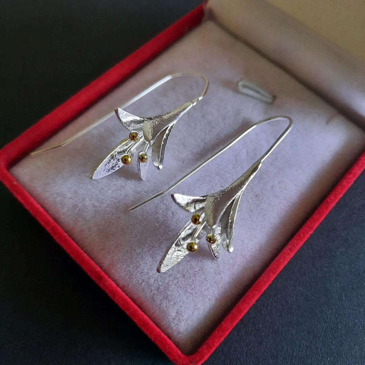 Fuchsia Flower Earrings Silver and Gold Tone - Image 1