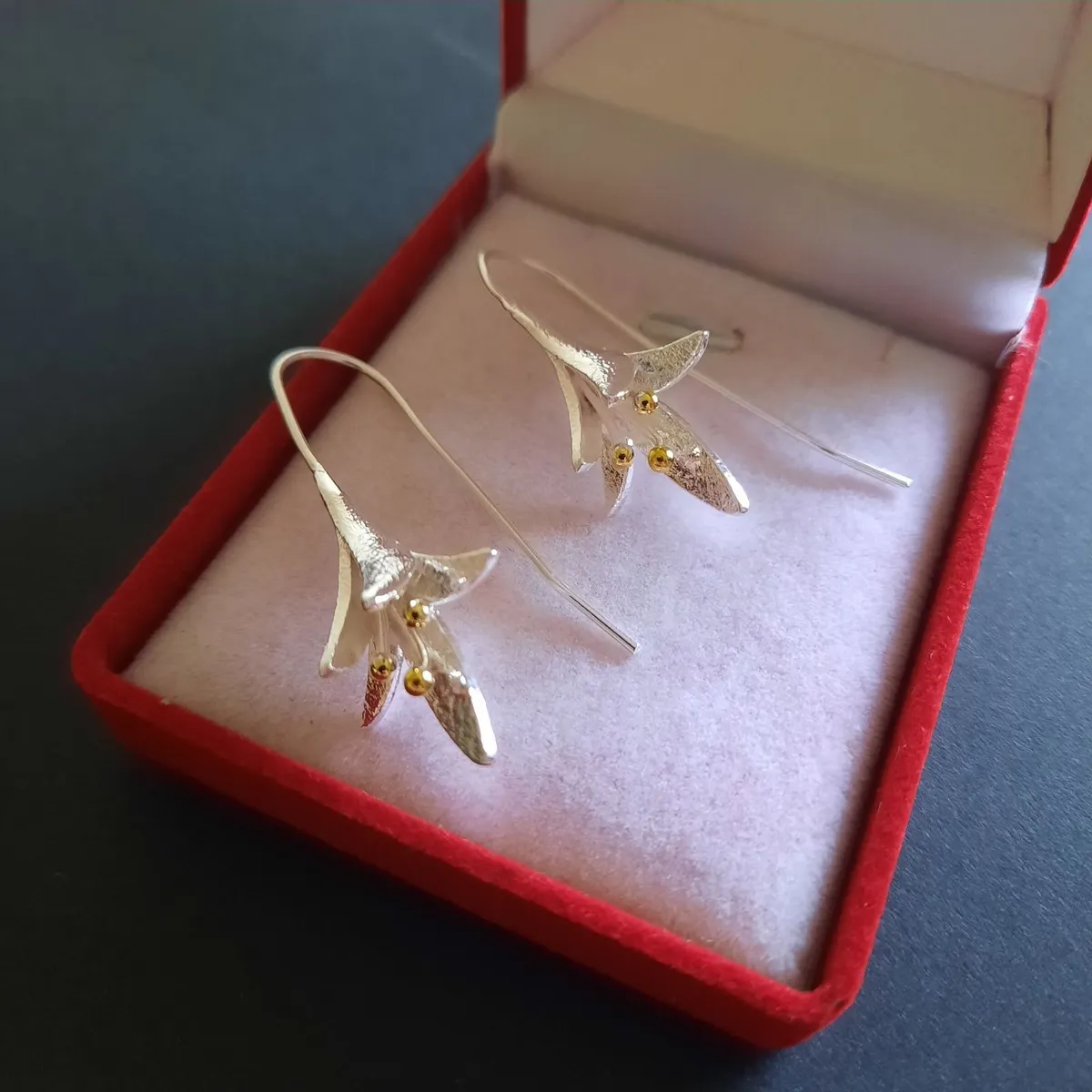 Fuchsia Flower Earrings Silver and Gold Tone - Image 2