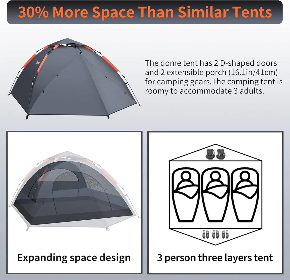 Camping Tent 3 Man Instant Pop Up Waterproof - Image 3