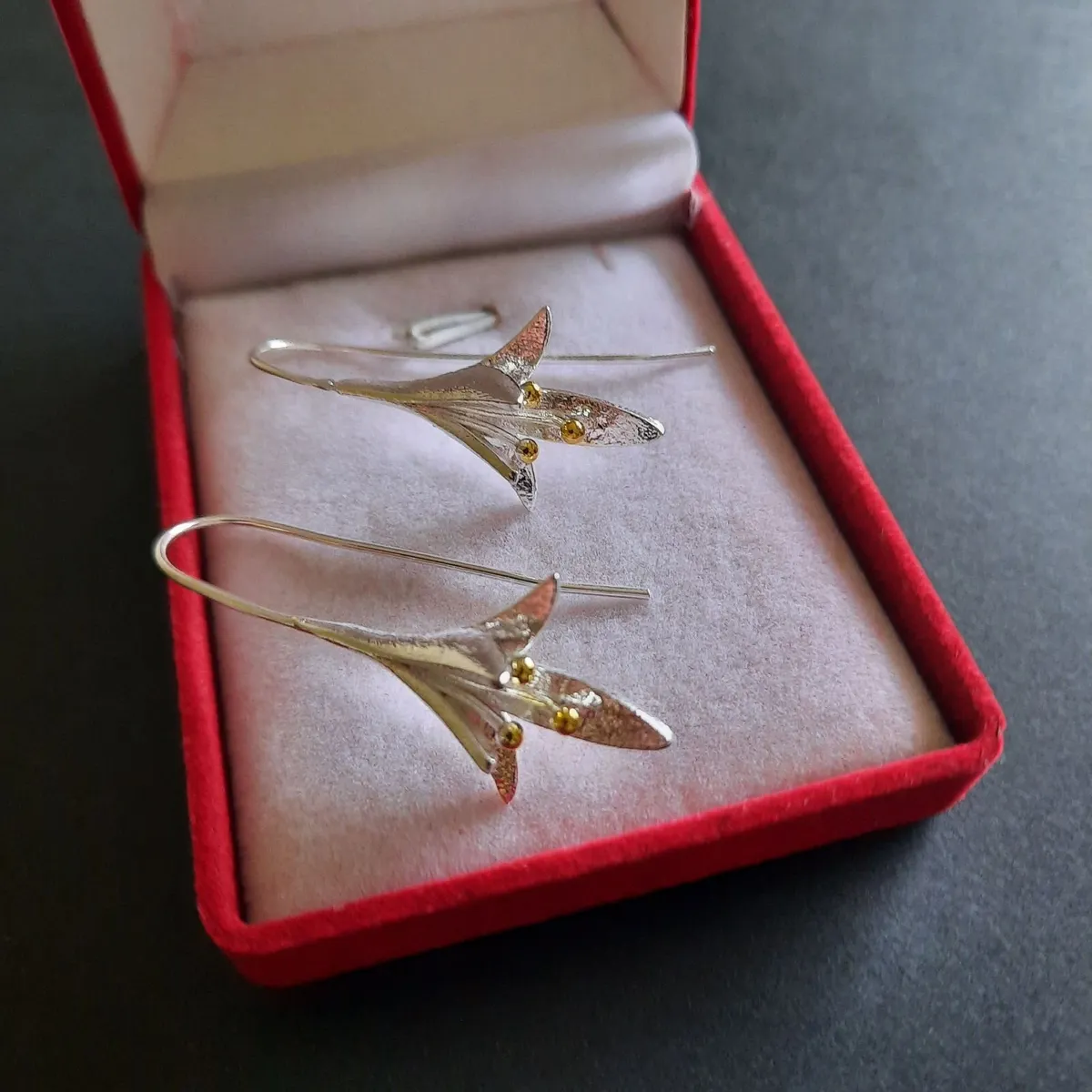 Fuchsia Flower Earrings Silver and Gold Tone - Image 3