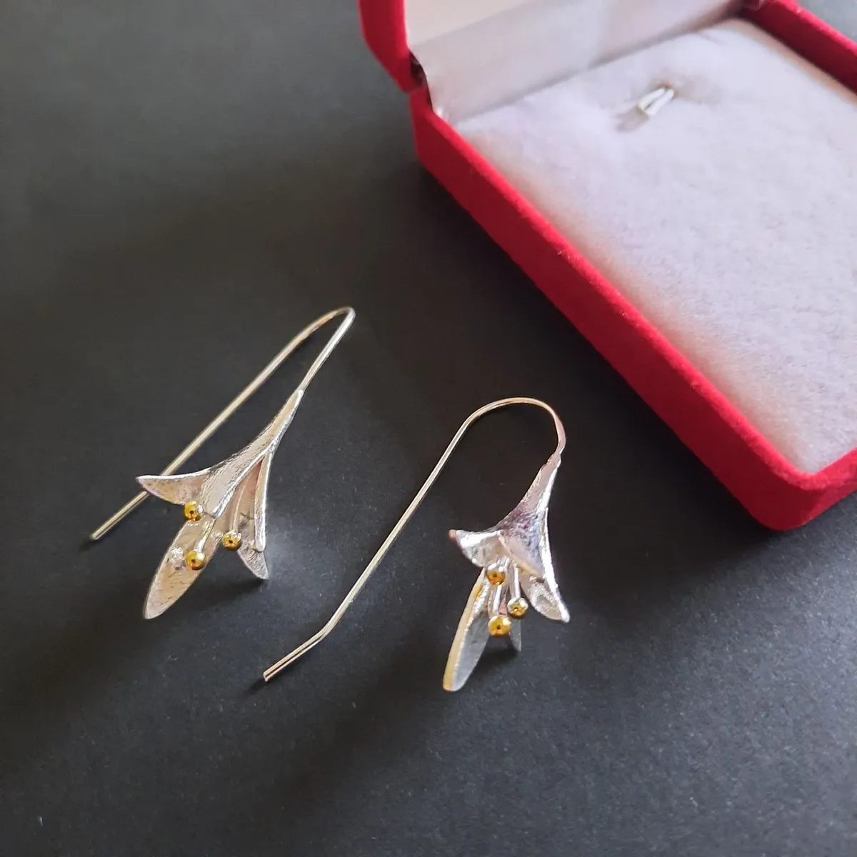 Fuchsia Flower Earrings Silver and Gold Tone - Image 4