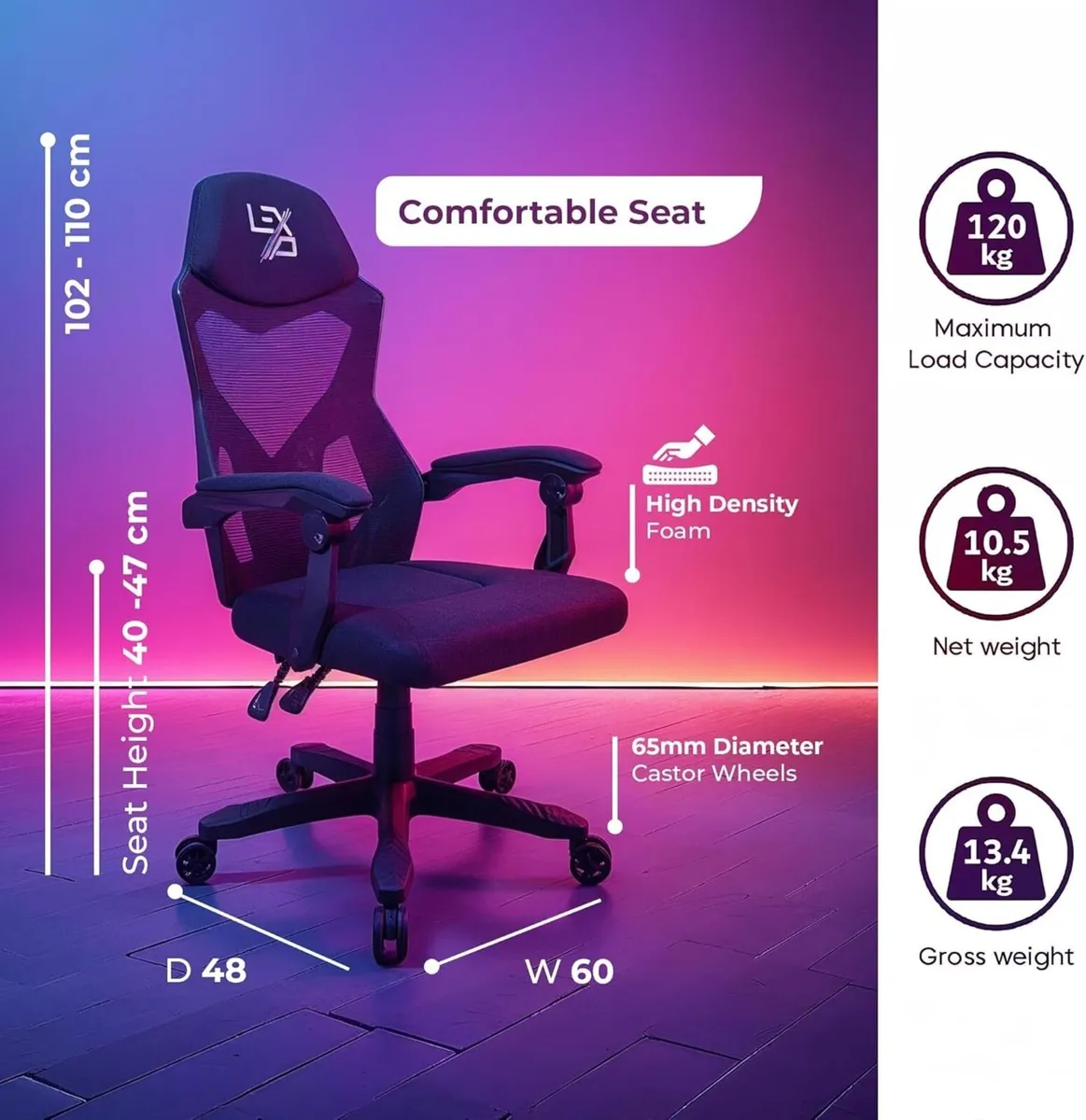 Ergonomic Gaming Chair - Double Mesh Fabric Seat - Image 3
