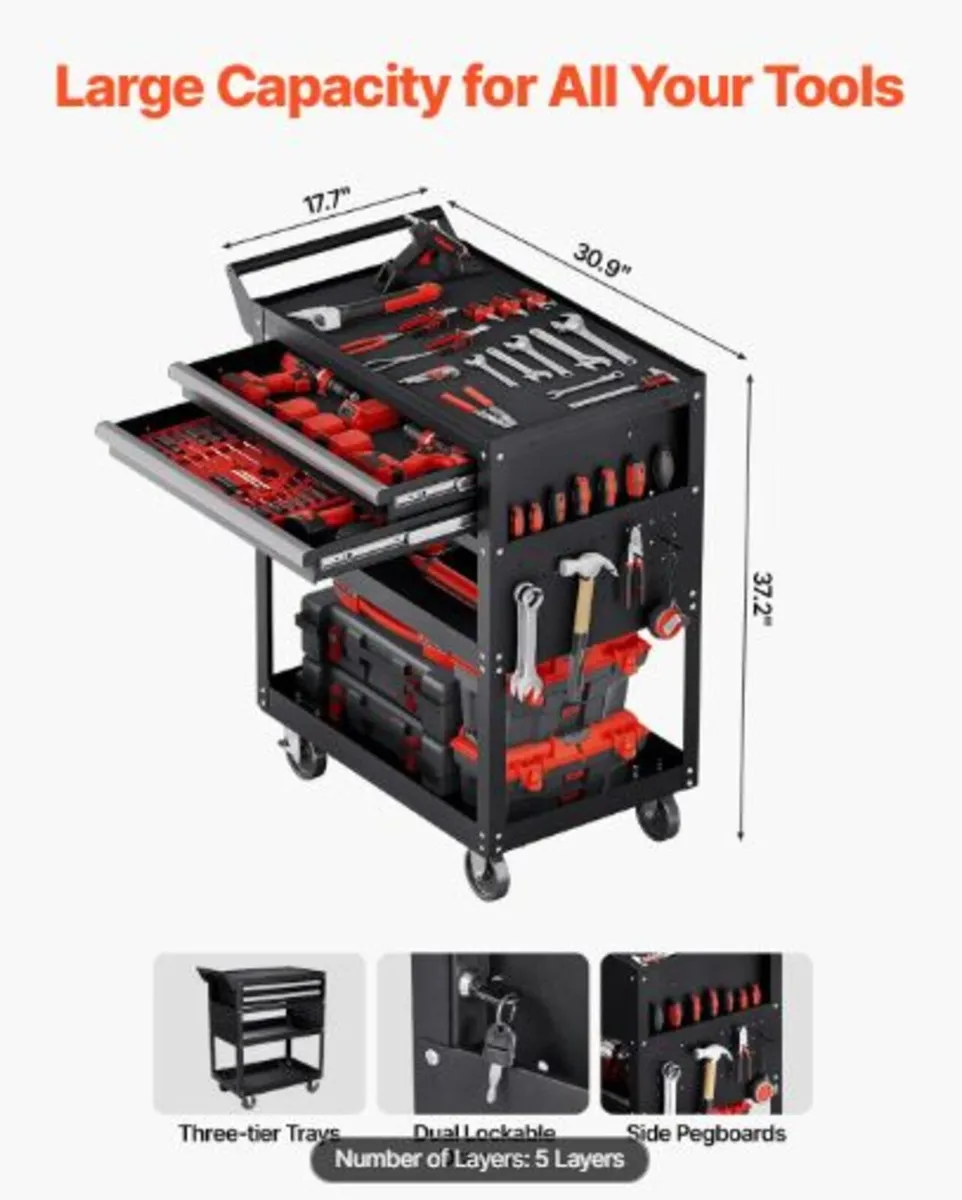 5-Tier Tool Cart with Wheels,400 lbs Load Capacit - Image 2
