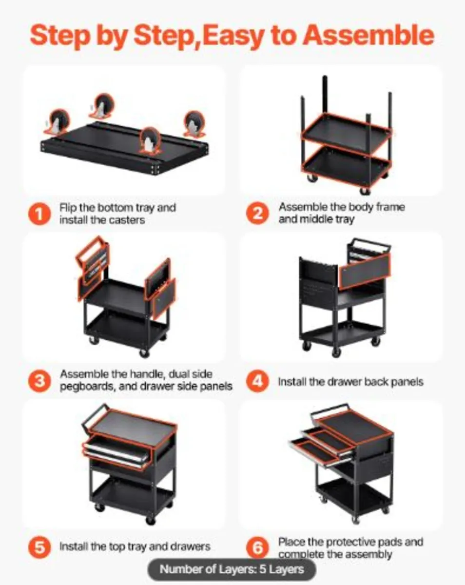 5-Tier Tool Cart with Wheels,400 lbs Load Capacit - Image 4
