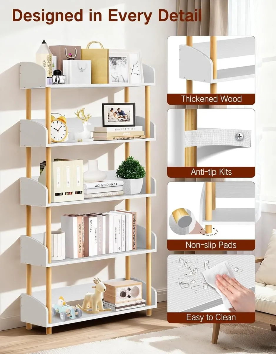 5-Tier Wooden Open Bookcase Modern Display - Image 4