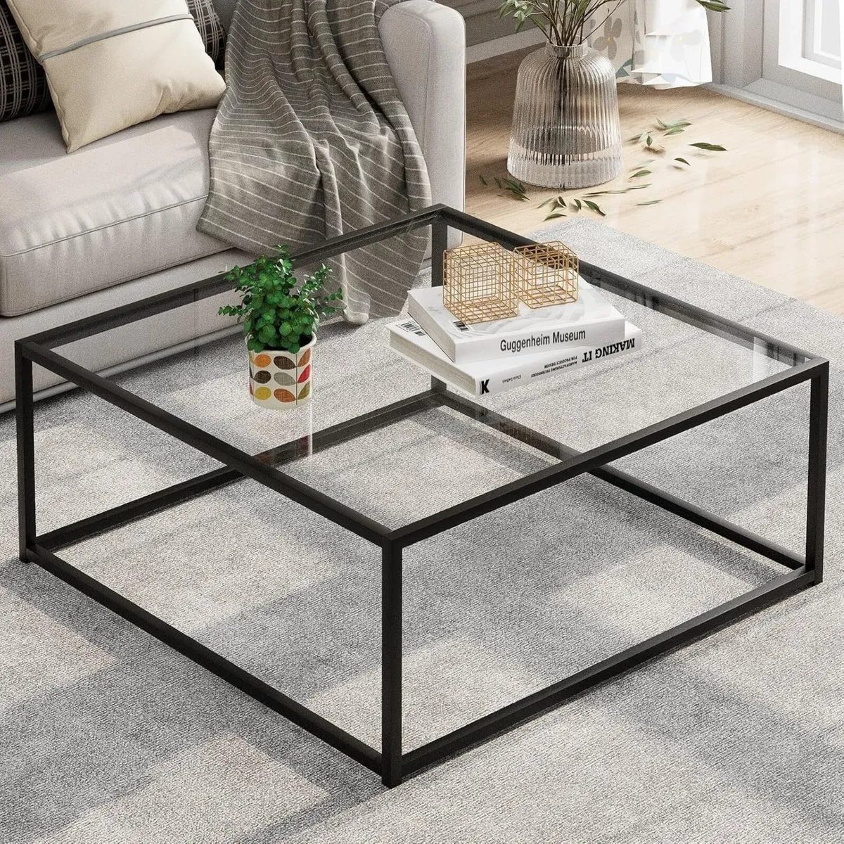 Black Square Glass Coffee Table - Rectangular - Image 1