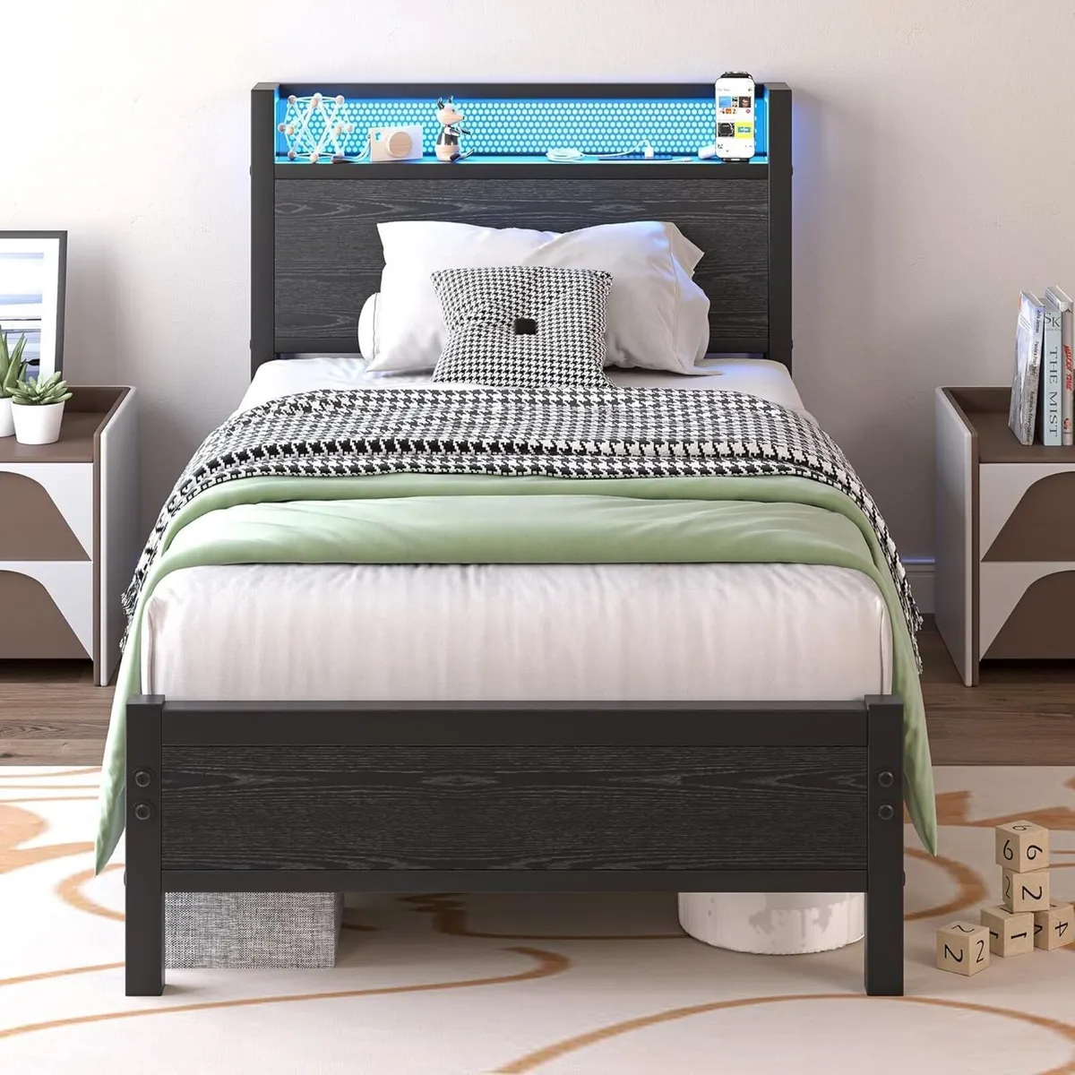 3ft Single Bed Frame with Storage Headboard Shelf - Image 1
