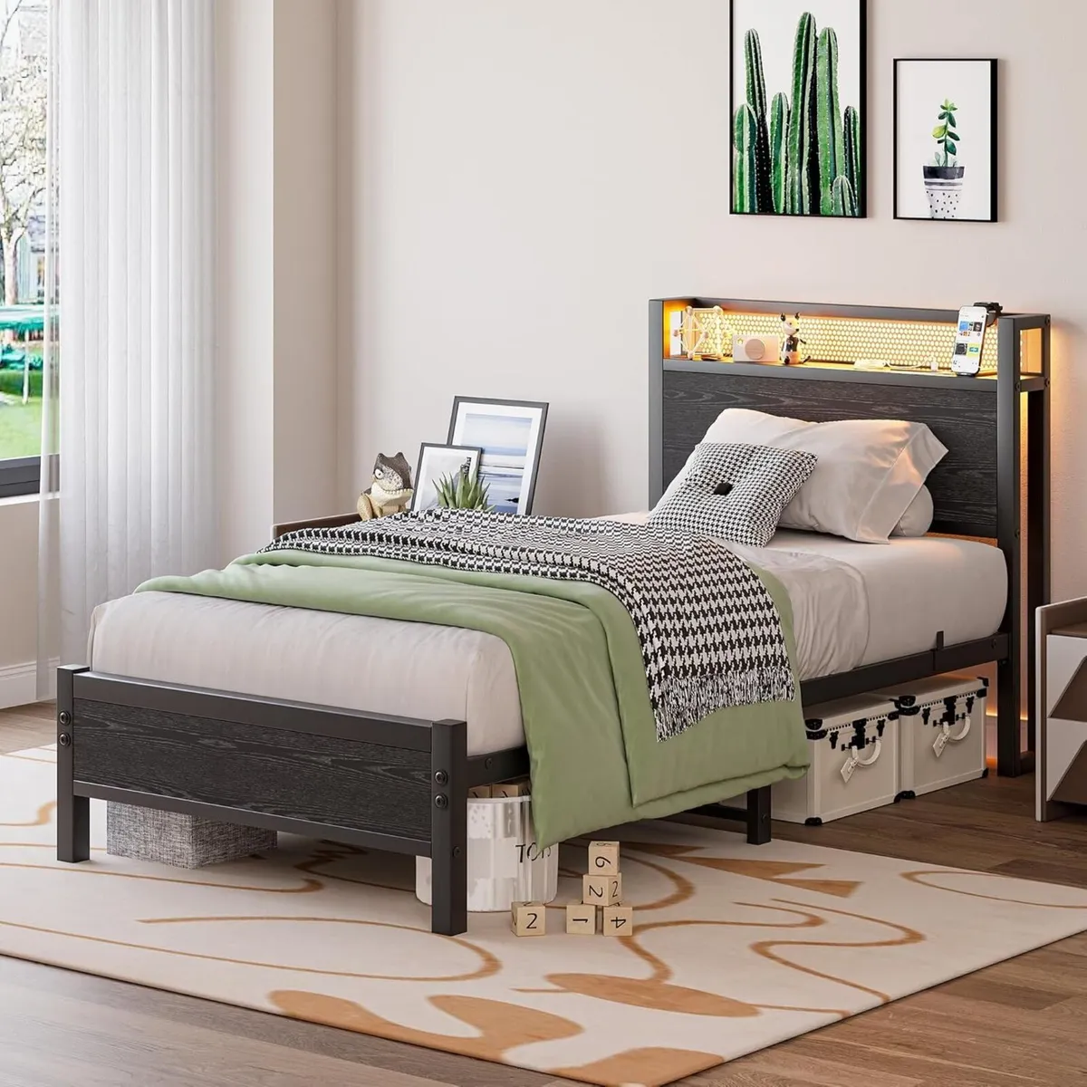 3ft Single Bed Frame with Storage Headboard Shelf - Image 3