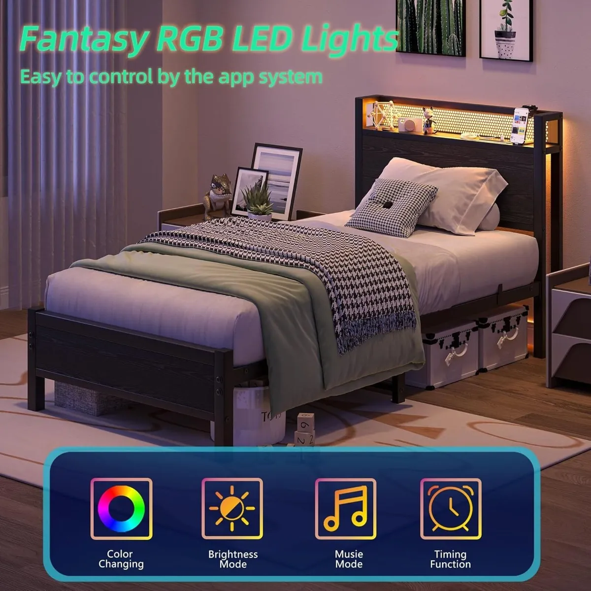 3ft Single Bed Frame with Storage Headboard Shelf - Image 4