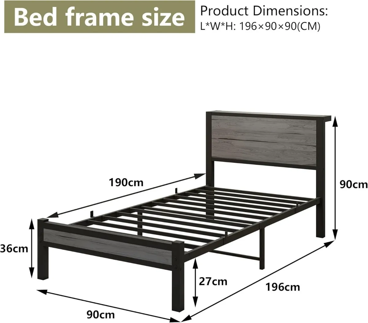 Single Bed Frame with Wood Storage Headboard - Image 2