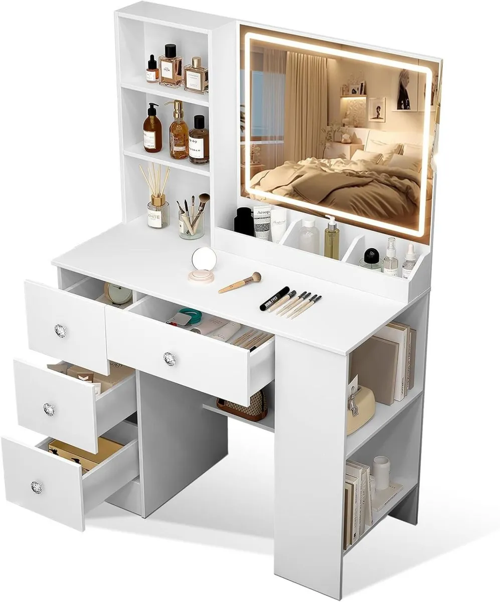 White Dressing Table with LED Mirror and Lights - Image 1