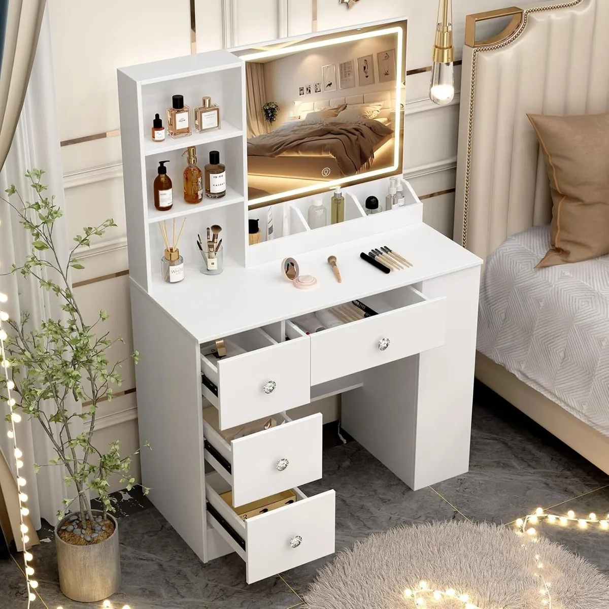 White Dressing Table with LED Mirror and Lights - Image 2
