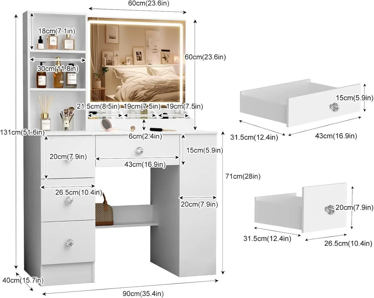 White Dressing Table with LED Mirror and Lights - Image 3