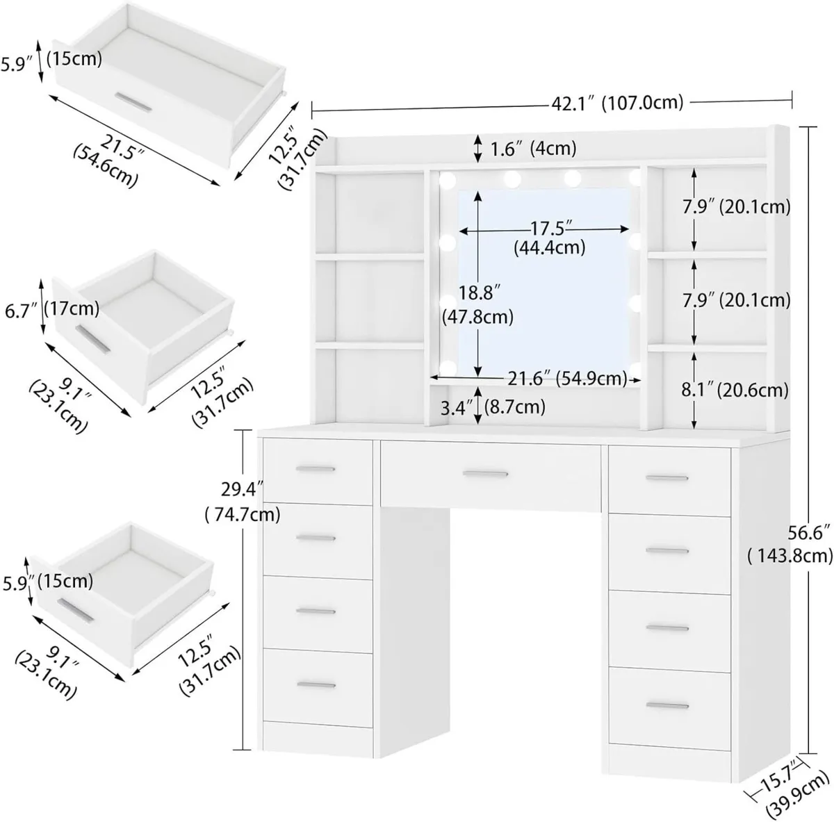 Dressing Table with 3-Color LED Lights Mirror - Image 2