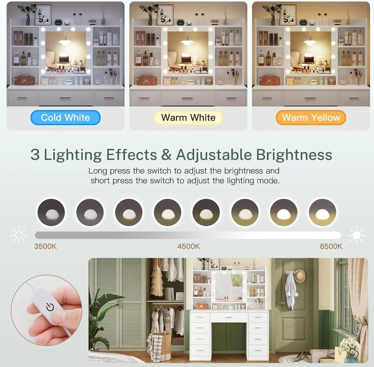 Dressing Table with 3-Color LED Lights Mirror - Image 4